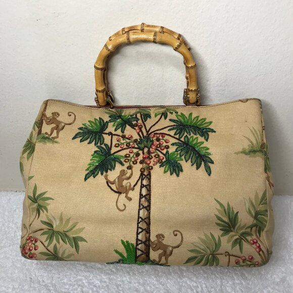 Isabella Fiori Vintage Monkey Palm Tree Tropical Beaded Hand Bag Bamboo Handles - Picture 1 of 16